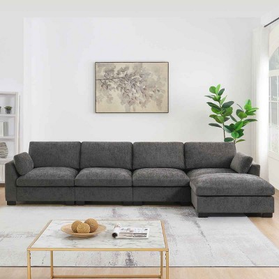 130 Inch L-Shaped Sectional Sofa with Ottoman, Sofa with Folding Table and Side Storage Pockets, Chenille Sofa with Wood Frame-Coolbibila