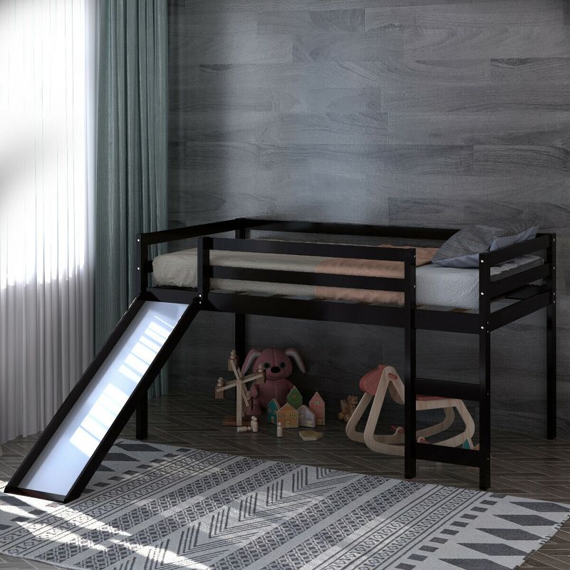 Tangkula Twin Size Loft Bed with Slide Wood Low Sturdy Loft Bed for Kids Bedroom Espresso, 3 of 11