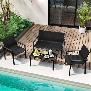 Costway 4 PCS Outdoor Wicker Patio Furniture Set with Heavy-Duty Galvanized Metal Frame Mix Brown/Black - 1 of 4