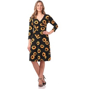 Rekucci Women's Slimming 3/4 Sleeve Fit and Flare Crossover Tummy Control Dress - 1 of 4