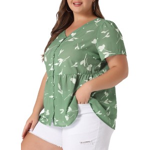 Agnes Orinda Women's Plus Size V Neck Ruffle Hem Short Sleeve Cinched Waist Floral Peplum Blouses - 1 of 4
