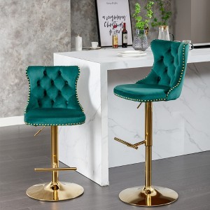 SKRAN Swivel Velvet Barstools Set of 2, Adjustable Seat Height Tufted Back Hand-Hammered Rivets Black Metal Leg For Home Pub & Kitchen Island - 1 of 4