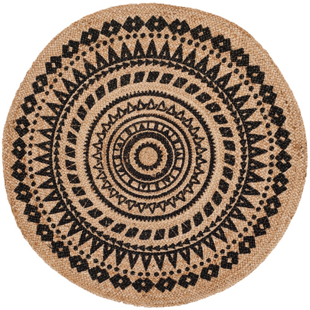  Round Geometric Design Woven Accent Rug Black/Natural