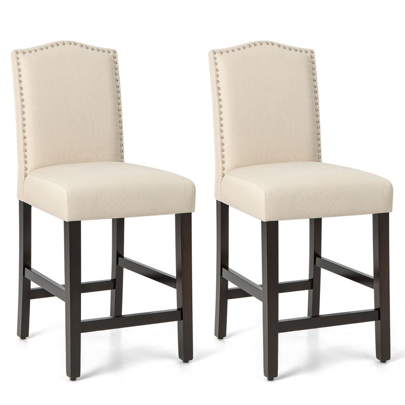 Costway Set of 2 Fabric Barstools Nail Head Trim Counter Height Dining Side Chairs Grey/Beige, 1 of 11