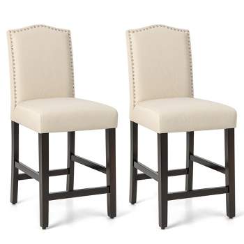 Costway Set of 2 Upholstered Bar stools 25'' Counter Height Chairs with Rubber Wood Legs Grey/Beige