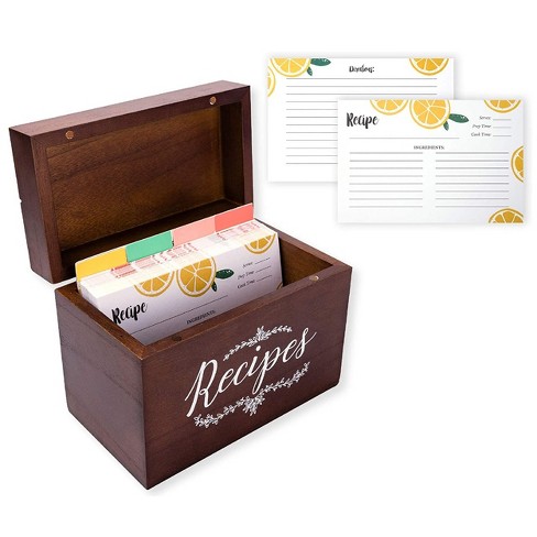 Wooden Recipe Box with Cards and 24 Dividers with Meat, Veggie, Dessert  Tabs (7x5x5 in)
