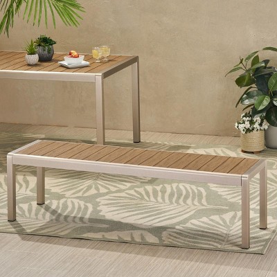 64" Modern Outdoor Dining Bench with Faux Wood Slats and Rust-Resistant Frame for Patio Seating -3irtyhousy