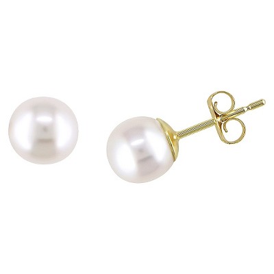 6-6.5mm Round Cultured Freshwater Pearl Stud Earrings in 14k Yellow Gold - White