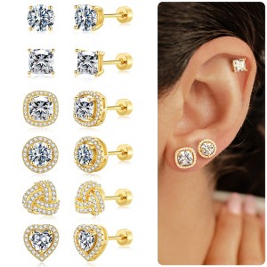 Turandoss 6Pairs Gold Silver Stud Earrings for Women Men - S925 Post Hypoallergenic Flat Back Cubic Zirconia Earring for Piercing, Christmas Gifts - 1 of 4