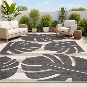 JONATHAN Y Allison Classic Beach Stripe and Monstera Leaf Indoor/Outdoor Area Rug - 1 of 4
