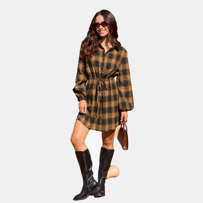 Women's Orange & Black Plaid Drawstring Shirt Dress - Cupshe