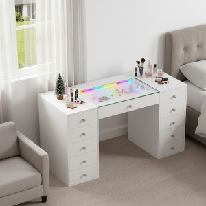 FONTOI 51.2"W Vanity Desk with Glass Top and 11 Drawers Large Dressing Table for Woman Bedroom Dressing Room, White, 51.18"*21.65"*31.88" - 1 of 4