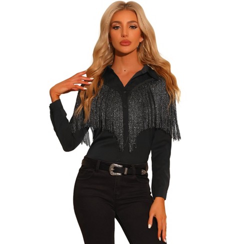 Sheer Long Sleeve Fringe Crop Top Black / M