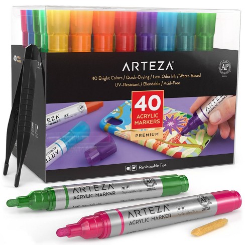Arteza Premium Acrylic Artist Marker Set, Classic Hues And Metallic Colors,  Replaceable Tips- 40 Pack : Target