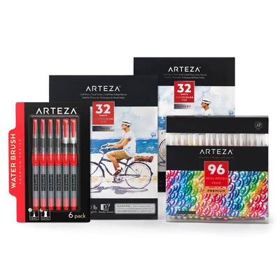 Arteza Artist Set - 96 Colored Brush Pens, 6 Water Brushes, 2 Watercolor Paper Pads Bundle (ARTZ-NBNDL57)