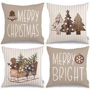 Christmas Pillow Covers 18 x 18 Inch Set of 4, Striped Wooden Tree Snow Sleigh Merry Bright Xmas Holiday Decor - 1 of 4