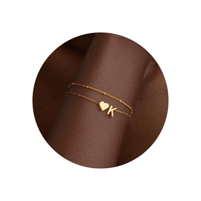 Turandoss 18K Gold Initial Bracelets for Women Girls - Dainty Layered Heart Charm Bracelet, Link Letter Bracelet, Christmas Gifts for Women Girls