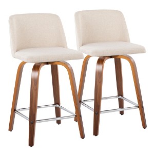 24" Fabric Padded Mid-Century Modern Counter Stool with Swivel and Square Metal Footrest on Wood Legs for Kitchen Island or Home Bar, Set of 2 - 1 of 4