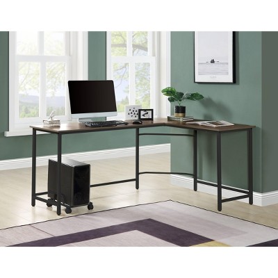 NicBex Home Office Desk L-Shaped Morden Writing Desk with 4 wheel CPU stand, Wooden Desktop and Metal Legs for Study and Work