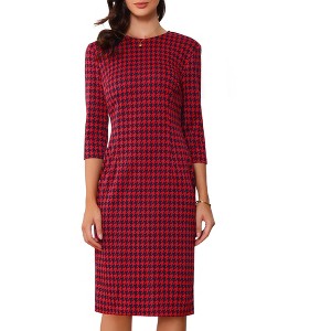 Allegra K Women's Houndstooth 3/4 Sleeve Elegant Cinched Waist Bodycon Dress - 1 of 4