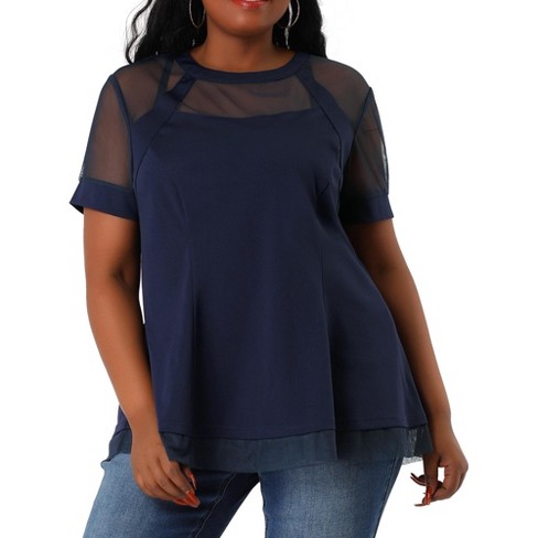 Agnes Orinda Women's Plus Size See-through Round Neck Short Sleeve Swing  Peplum Mesh Lace Top Blue 3x : Target