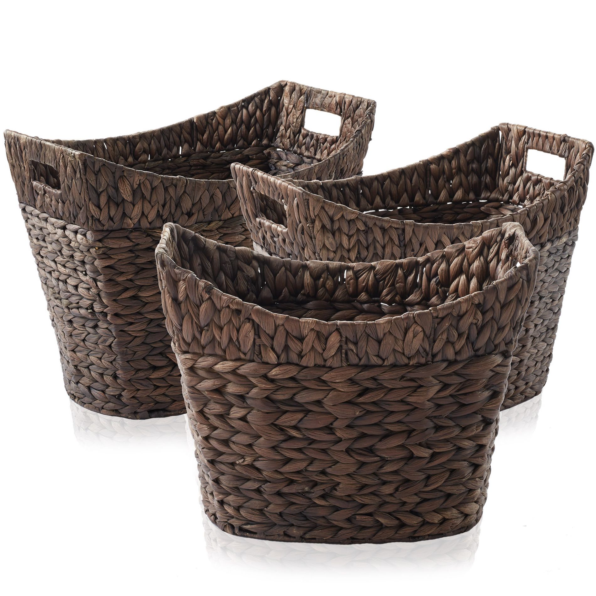 Casafield Set of 3 Water Hyacinth Oval Baskets with Handles - Espresso, Woven Storage Totes for Blankets, Laundry, Bathroom, Bedroom, Living Room