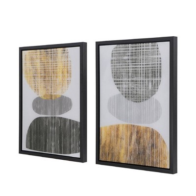 Set of 2 Gold and Gray Abstract Acrylic Wall Art with Black Frame
