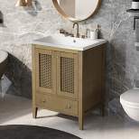 24" Bathroom Vanity with Ceramic Basin, Two Doors and Drawers, Natural - ModernLuxe