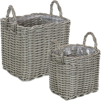 Sunnydaze Rectangle Polyrattan Basket Planters with Handles and Attached Liner - 11.75" L x 10.5" D  and 14.5" L x 13.25" D - Gray - 2-Piece Set