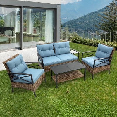 MOONMISS Patio 4 piece sectional low dining conversation sofa set- KD rattan wicker outdoor garden furniture corner sofa set with cushion