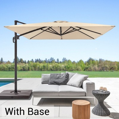 Sonkuki 10x10ft Cantilever Patio Umbrella Offset Hanging Umbrella with Base and 270gsm Fade-Resistant Fabric 360° Outdoor