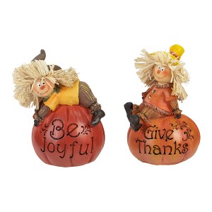 Northlight Set of 2 Scarecrow on a Pumpkin Thanksgiving Table Figures - 1 of 4