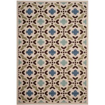 Aqua and Cream Geometric Synthetic Indoor/Outdoor Area Rug