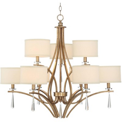 Barnes and Ivy Winter Gold Large Chandelier 35" Wide Clear Crystal Drop Linen Drum Shades 9-Light Fixture Dining Room House Foyer