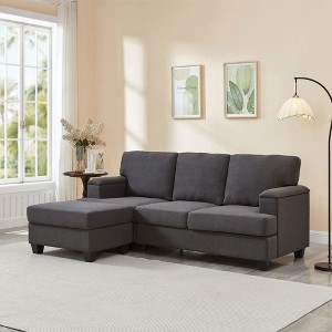 Resenkos 86" L-Shaped Sectional with Ottoman, 3-Seater Linen Sofa with Armrest Organizer, - 1 of 4