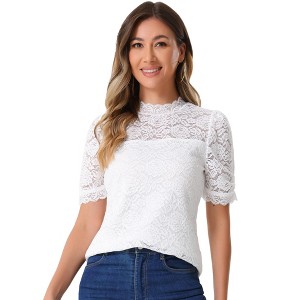 INSPIRE CHIC Women's Floral Lace Mock Neck Puff Short Sleeve Elegant Blouse - 1 of 4