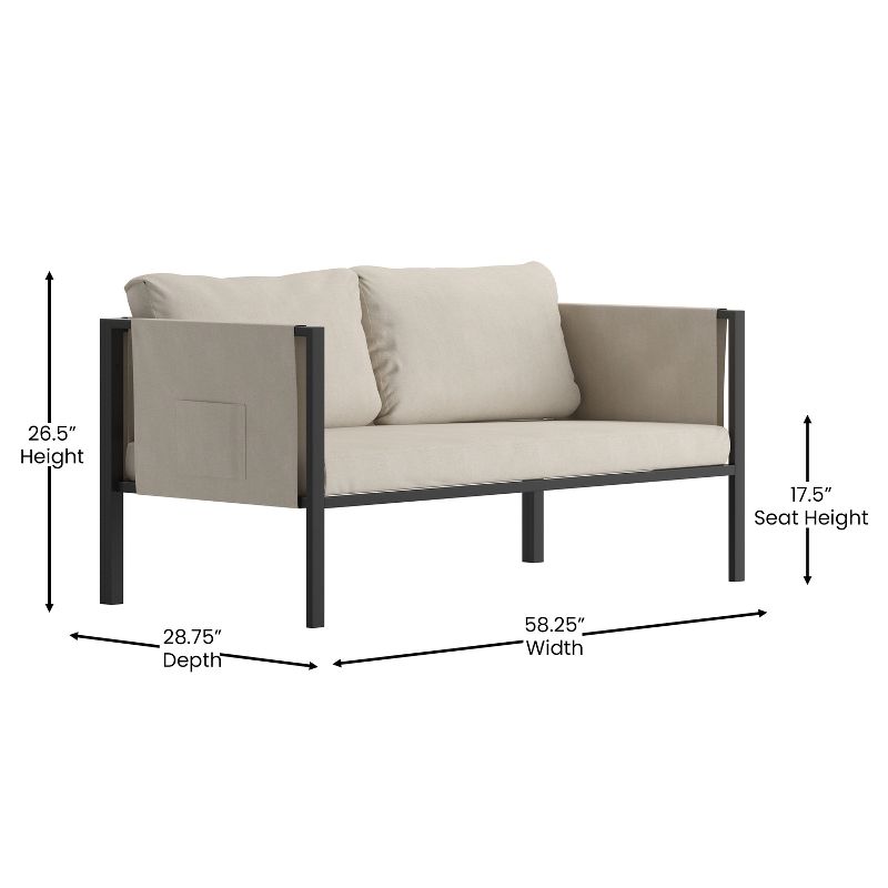 Emma and Oliver Indoor Outdoor Patio Loveseat, Steel Framed Club Chair with Cushions and 2 Storage Pockets, 5 of 11