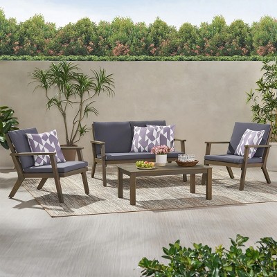 4-Piece All-Weather Wood Patio Conversation Set with Cushions, Outdoor Seating Furniture for Deck, Porch or Backyard - The Pop Home