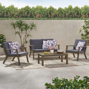 4-Piece All-Weather Wood Patio Conversation Set with Cushions, Outdoor Seating Furniture for Deck, Porch or Backyard - The Pop Home - 1 of 4