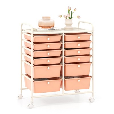 Tangkula 12-Drawer Rolling Storage Cart w/ 2 Sizes Plastic Drawers Skin Pink