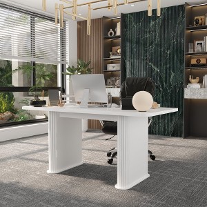 FUFU&GAGA Modern White Minimalist Dining Table with Decorative Pillar Legs - 1 of 4