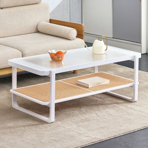 Modern Minimalist Rectangular White Coffee Table With Craft Glass Tabletop And Rattan Layer The Pop Home Target