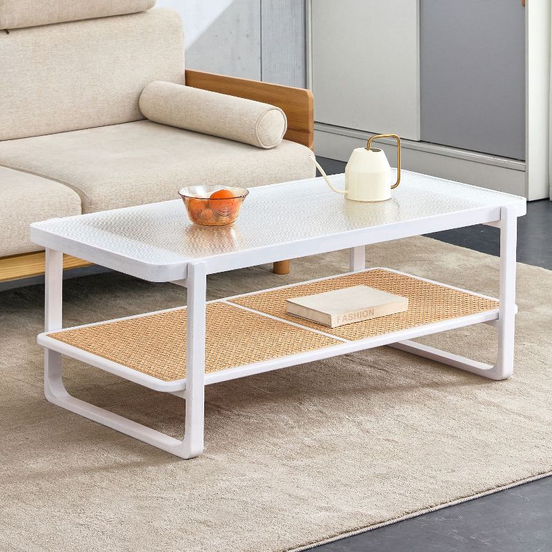 Modern Minimalist Rectangular Coffee Table with Craft Glass Tabletop and Rattan Layer - The Pop Home, 1 of 10
