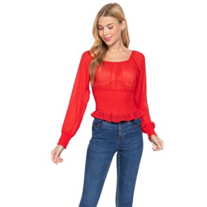 Slickblue Chiffon Smocked Top, Long Sleeve, Versatile Casual & Stylish Look, Lightweight Fit, Black, S - 1 of 4