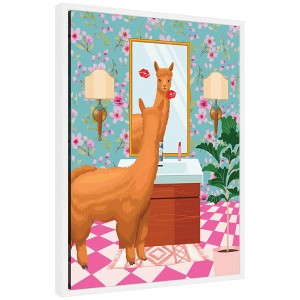 Kate & Laurel All Things Decor 18"x24" Sylvie Maximalist Llama Bathroom Mirror Framed Canvas by Honey Island Studio White - 1 of 4