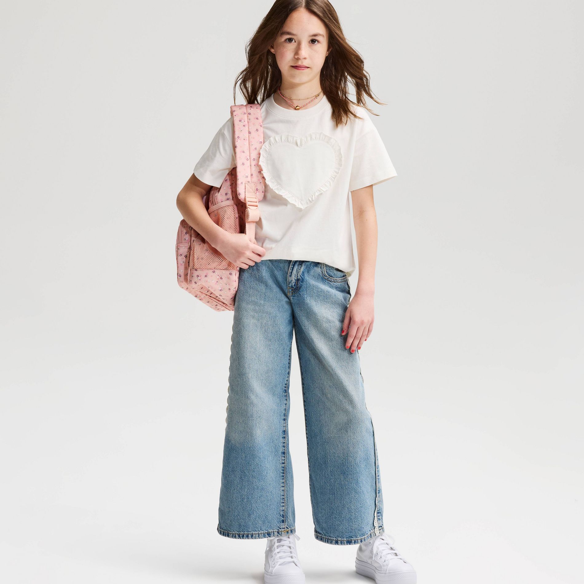 Girls' Mid-Rise Lace Trim Wide Leg Jeans - Cat & Jack™ Medium Wash