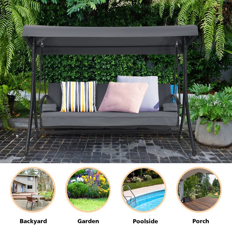 Costway Patio 3-Seat Porch Canopy Swing Converting Grey Cushion Pillow Adjust, 4 of 11