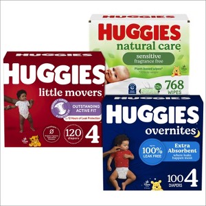 Huggies Natural Care Sensitive Unscented Baby Wipes 12pk + Size4/100ct Nighttime Baby Diapers + Size 4/120ct Little Movers Diapers - 1 of 4