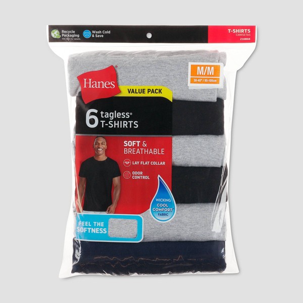 Hanes Red Label Camiseta de cuello redondo para hombre, teñida, paquete de 6 - Negro/Gris/Azul 6