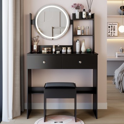 VYNXARIA 17" Round Mirror Vanity Table&Soft Cushion Stool Suit,Large Desktop,Multi-layer High Capacity Storage,Suitable For Small Space£¬Black